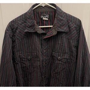 Wrangler Black Red Stripe Pearl Snap Shirt Men's XXL Western Cowboy Rodeo